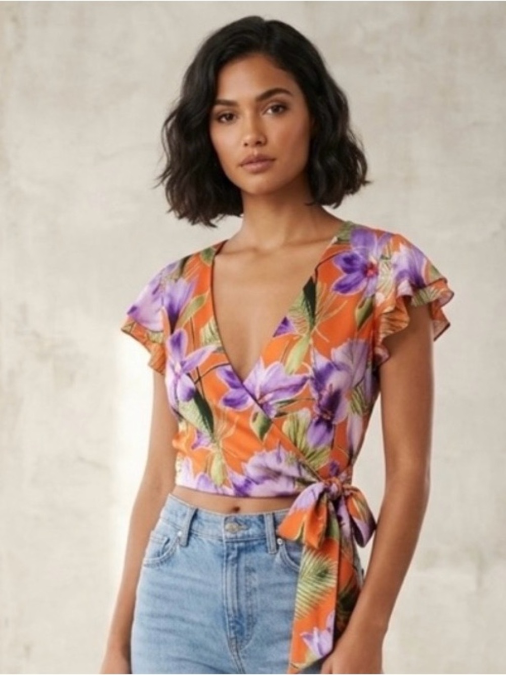 Alice + Olivia Silk Blend Wrap Top in Orange and Purple Floral Print